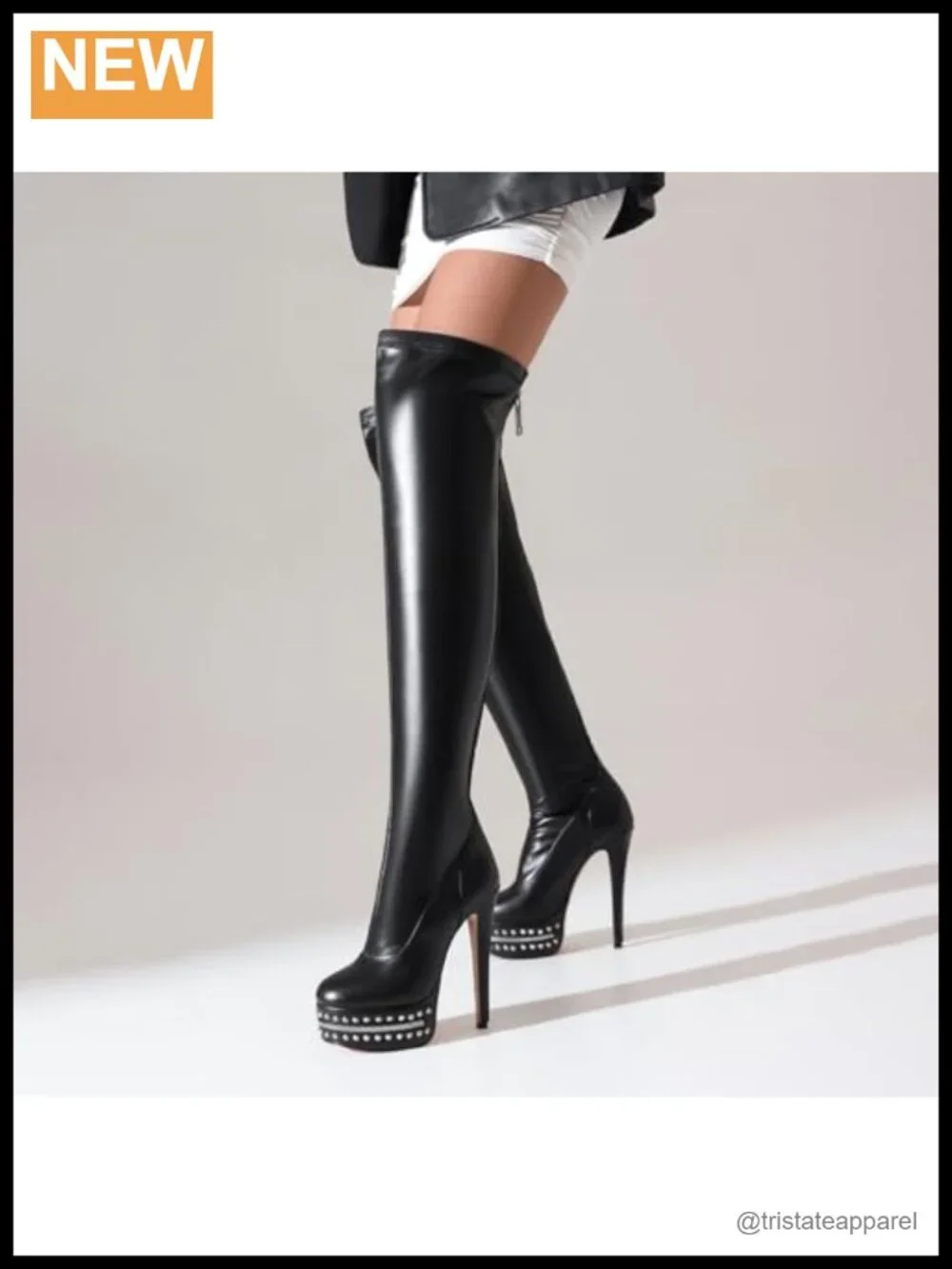 Over Knee Stiletto Platform Boots Faux Leather Studded Zipper Thigh High Heels